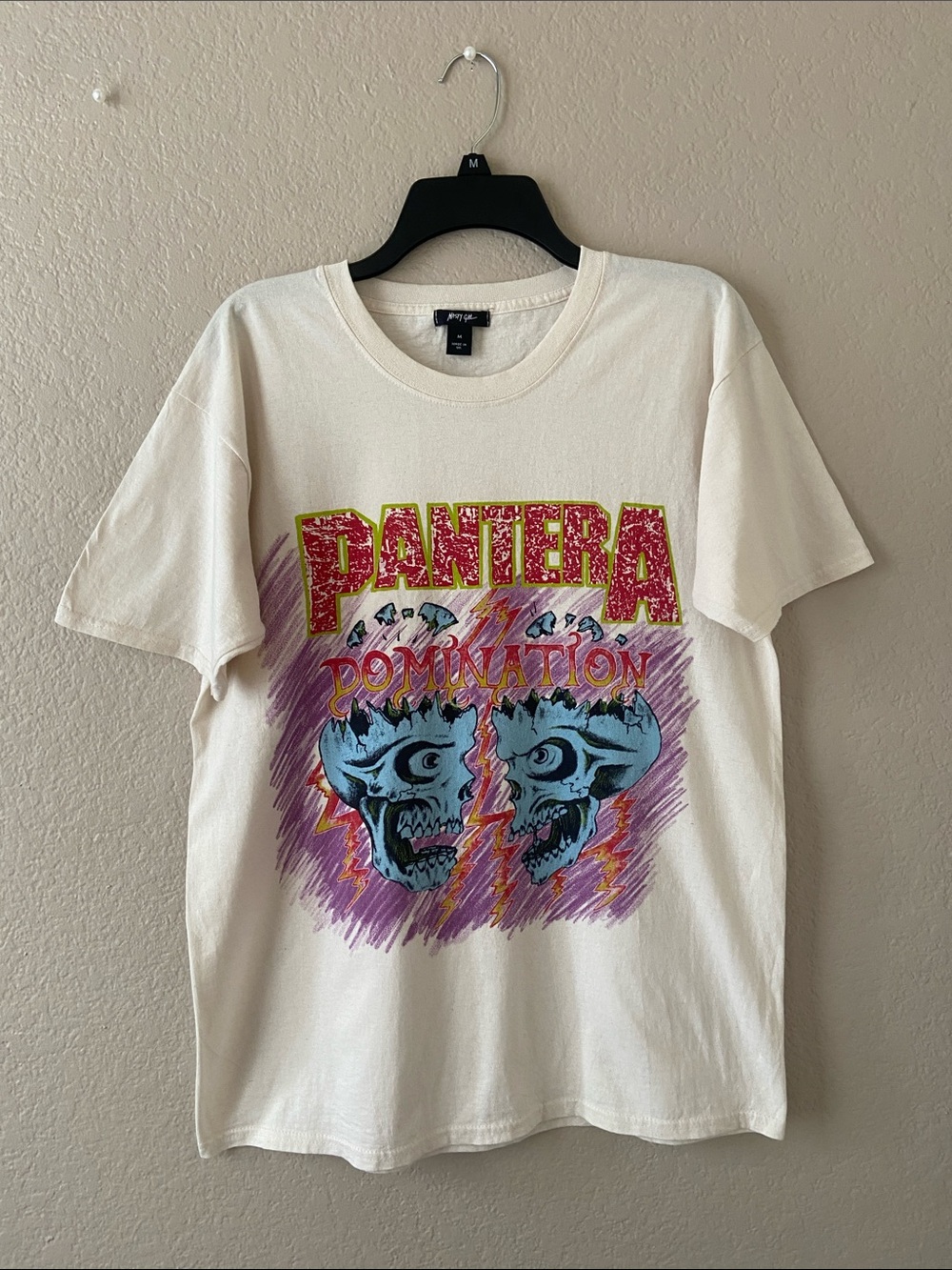Cream Color Pantera Domination t-shirt with Purple, Blue & Pink Graphic, sz M